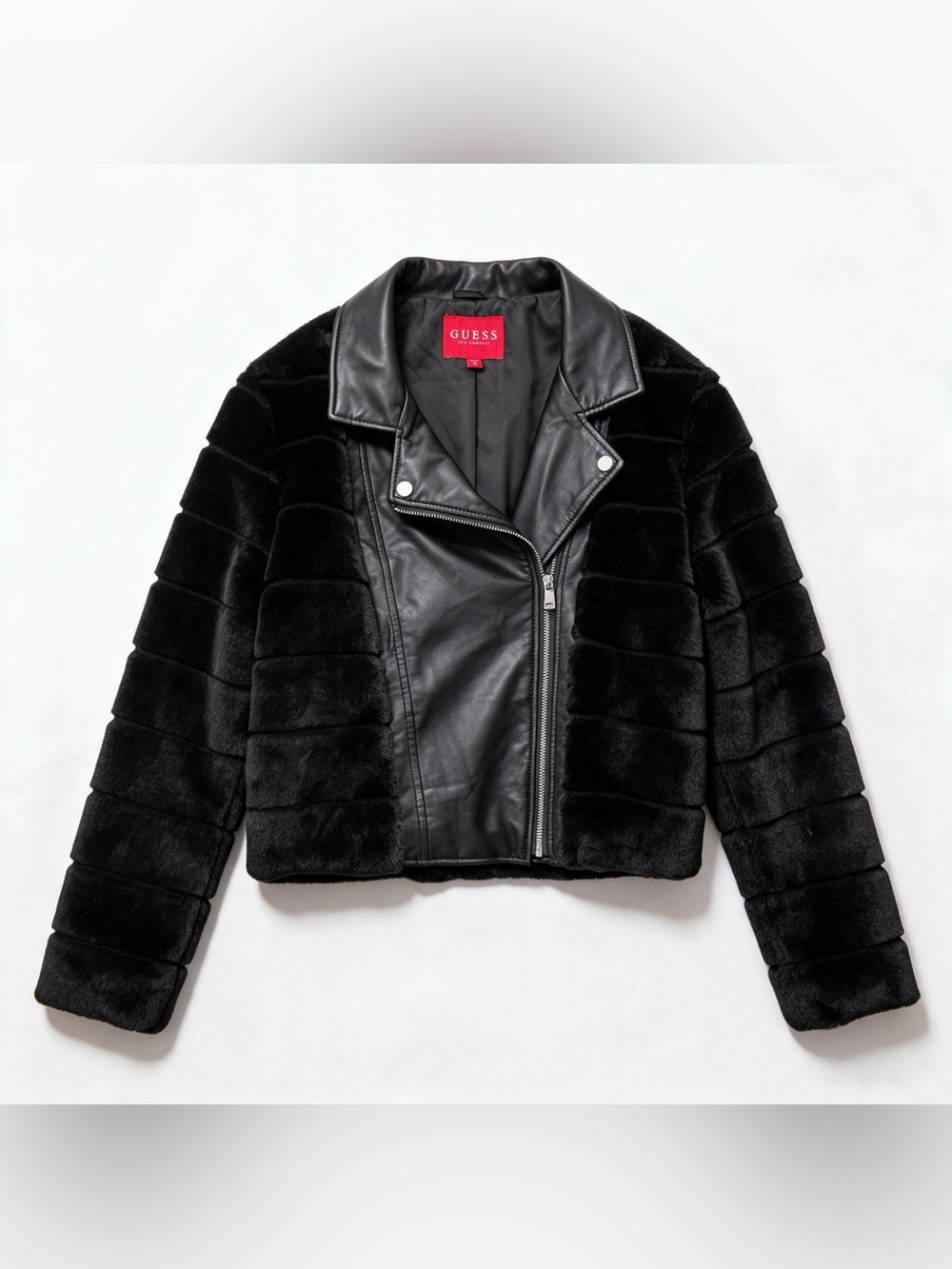 GUESS Black Faux Fur and Faux Leather Moto Jacket XL